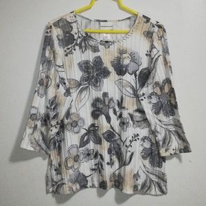 Alfred Dunner Beads Floral Print Tops 3/4 Sleeve Size M